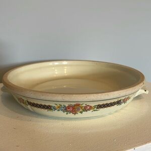 Antique crock small dish with floral pattern beige